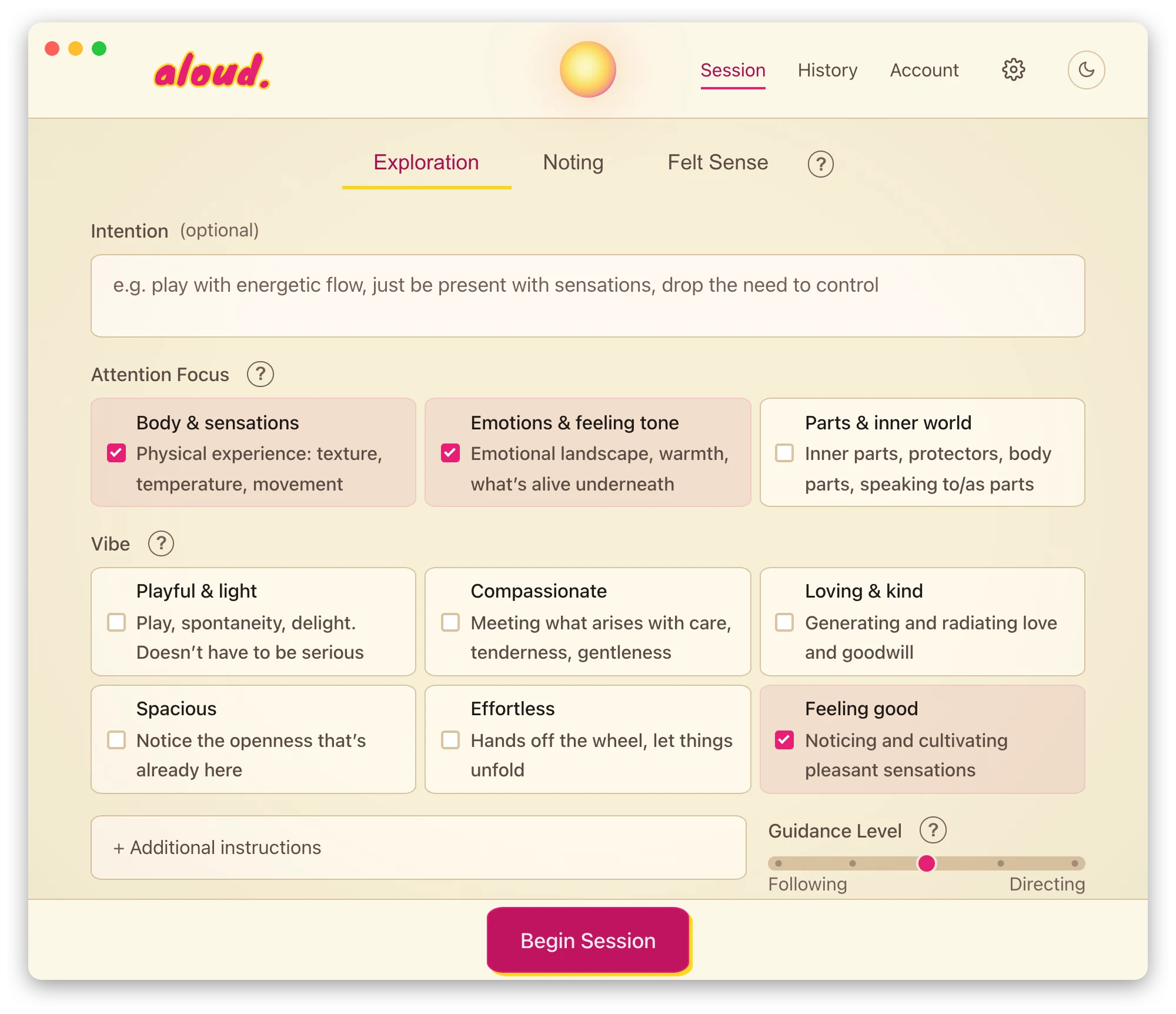 aloud's setup screen — pick a mode, a focus and a vibe